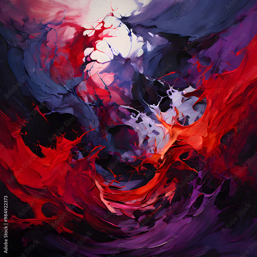Violent splashes of contrasting colors dark purples reds and blacks collide and mix in jagged chaotic patterns. Sharp, angular forms overlap with no sense of harmony Violent splashes of contrasting colors dark purples reds and blacks collide and mix in jagged chaotic patterns. Sharp, angular forms overlap with no sense of harmony