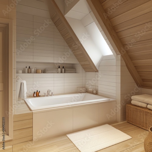 Rustic Scandinavian Bathroom Interior in Coastal Farmhouse Attic