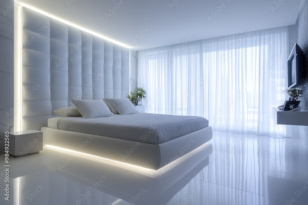 Fototapeta premium Luxurious Modern Bedroom Interior Design with White Walls and Stylish Furniture