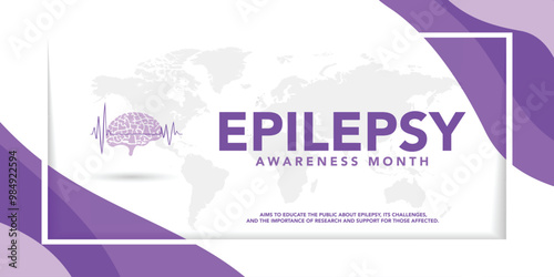 National epilepsy awareness month campaign observed in November banner. Features violet ribbon and brain illustration on plain background.
