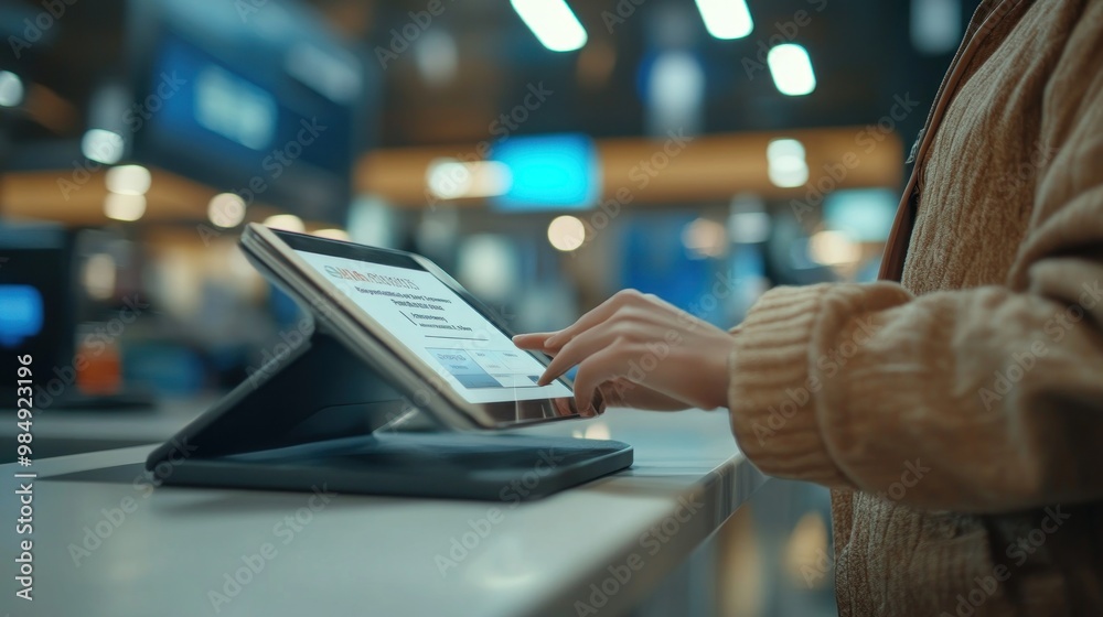 Business client using a tablet for a digital banking transaction at a bank counter, with teller assistance.