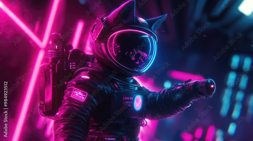 A futuristic cat astronaut in a neon-lit space station. A futuristic cat astronaut in a neon-lit space station.