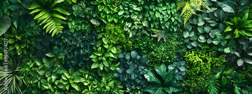 A lush, green wall of various leaves and plants, creating an enchanting backdrop for your product presentation. The texture is rich with shades of emerald to dark forest greens, providing a natural an