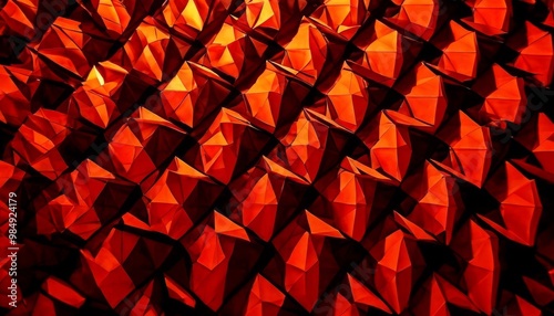 A vivid abstract image showcasing a geometric pattern with sharp, faceted shapes in various shades of red. The striking design and deep hues create a sense of depth and dynamism, ideal for modern