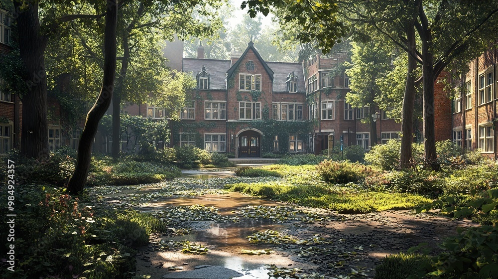 Charming Brick Building with Ivy Covered Walls and a Lush Garden Charming Brick Building with Ivy Covered Walls and a Lush Garden