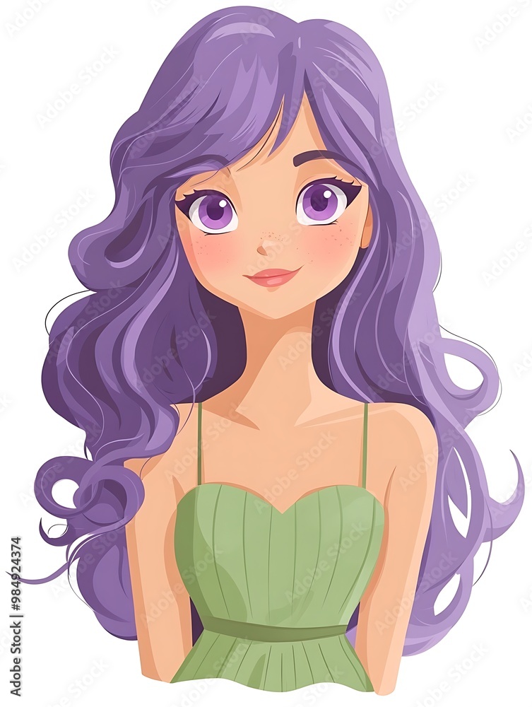 Cute cartoon girl with purple hair and green dress illustration Cute cartoon girl with purple hair and green dress illustration