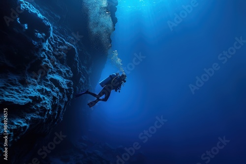 A man in a black wet suit is diving into the ocean, generative ai image photo