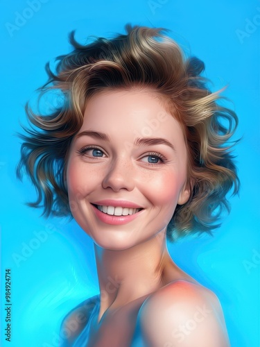 A smiling young woman with curly hair against a blue background, exuding joy and positivity.