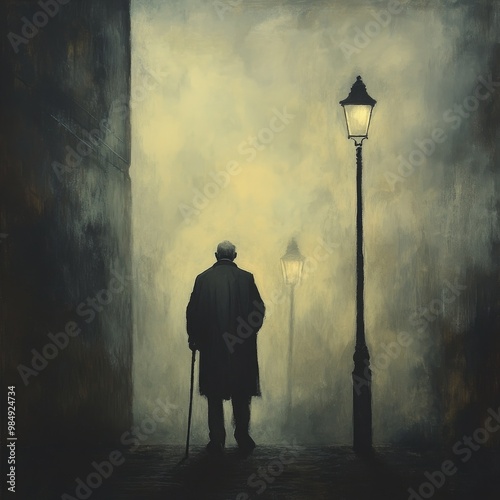 Digital art of a lonely old man walking down the street holding a walking stick. Old man under morning mist on an old street with a classic street lamp. photo