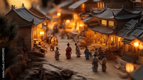 A miniature model of a Chinese town with figures, lanterns, and buildings.