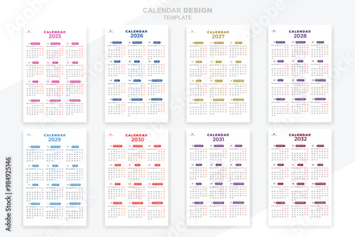 Calendar 2025, 2026, 2027,2028,2029, 2030, 2031, 2032, set design modern creative template