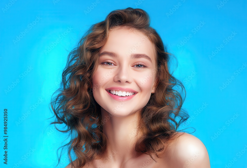 A smiling young woman with curly hair against a bright blue background, radiating joy and positivity. A smiling young woman with curly hair against a bright blue background, radiating joy and positivity.