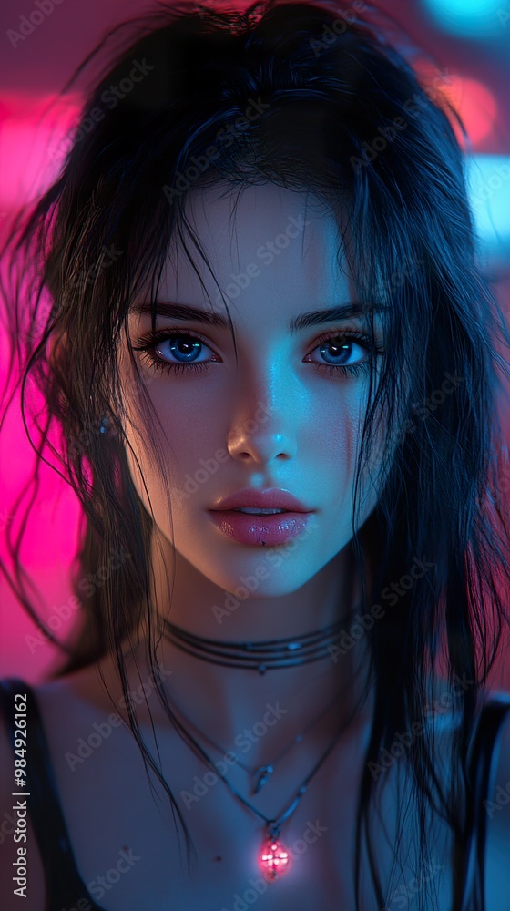 Cyberpunk Woman Portrait with Glowing Neon Lights Cyberpunk Woman Portrait with Glowing Neon Lights