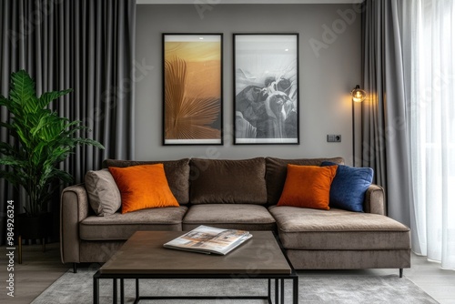 Contemporary Living Room Interior with Elegant Brown Sofa and Artistic Poster