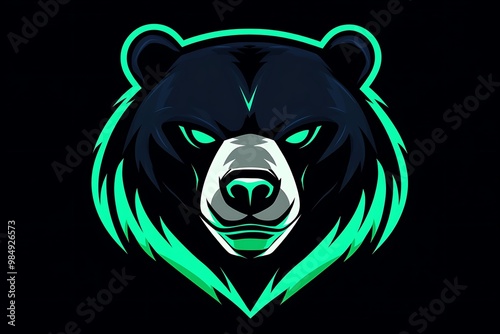 Black bear mascot logo with green neon outline, gaming, sport, team photo