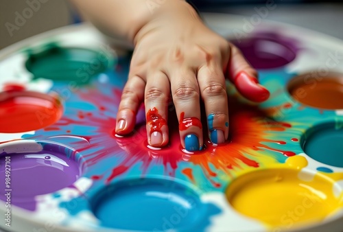 Colorful palette. A child's hand dips into a palette of vibrant watercolors, creating a colorful explosion of hues. photo