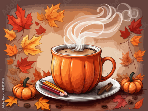 vector illustration of sweet coffee it's day enjoy autumn abstract bright color with leaves and on white background for any.