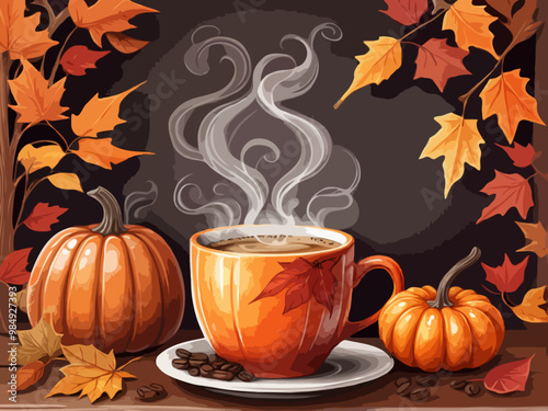 vector illustration of sweet coffee it's day enjoy autumn abstract bright color with leaves and on white background for any.