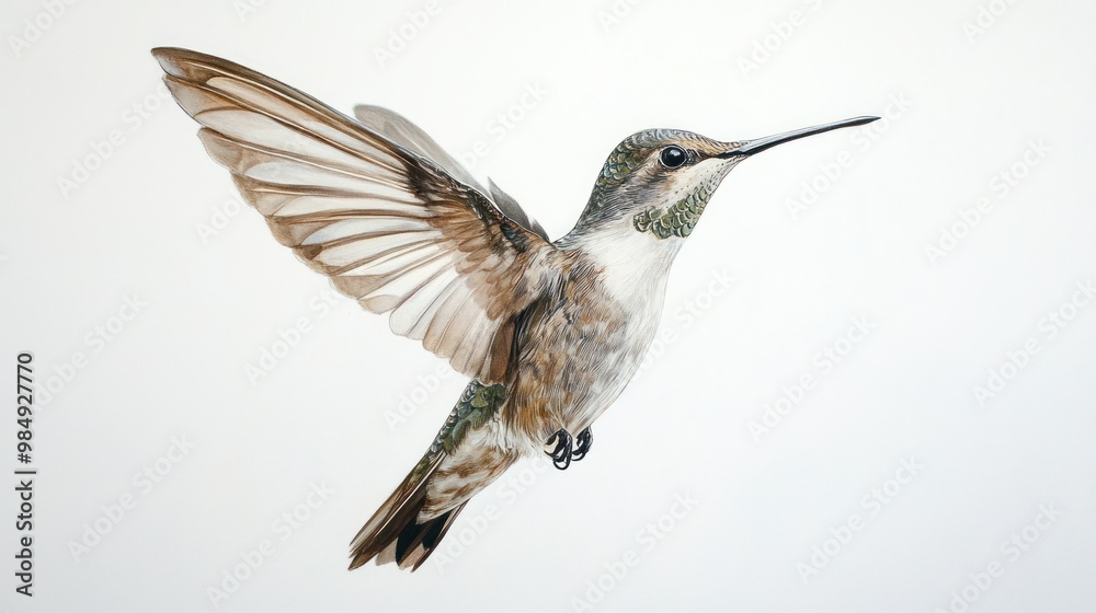 Fototapeta premium A Brown and Green Hummingbird in Flight Against a White Background