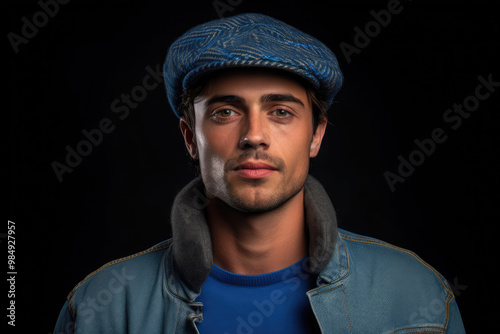 A man dressed in a blue hat and blue shirt, standing confidently against a neutral background