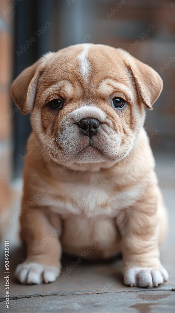 Adorable Bulldog Puppy Sitting and Looking at Camera Adorable Bulldog Puppy Sitting and Looking at Camera