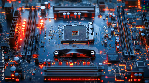 High-tech motherboard close-up, illuminated by glowing lights, showcasing intricate electronic components