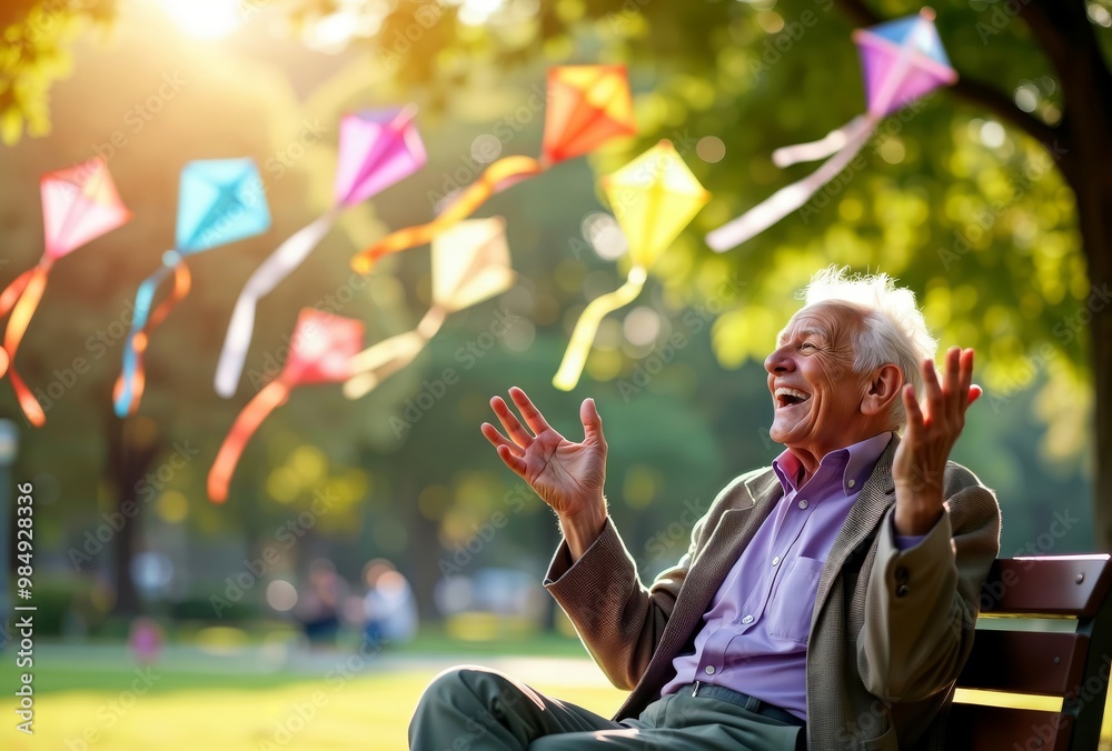 Joy of Kite Flying. Elderly man laughs with delight as colorful kites float above him in a sunny park, capturing a moment of carefree happiness.