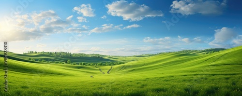 Beautiful natural scenic panorama green field and blue sky with clouds on horizon. Perfect green lawn on sunny day