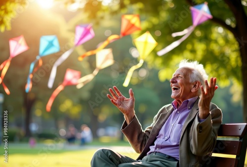 Obraz na płótnie Joy of Kite Flying. Elderly man laughs with delight as colorful kites float above him in a sunny park, capturing a moment of carefree happiness. w salonie