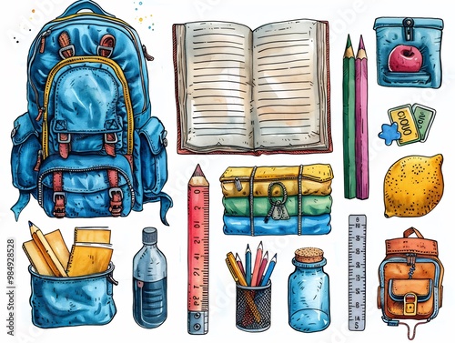 Schoolthemed clip art featuring items like books pencils rulers backpacks in bright colors perfect for educational materials classroom decor or backtoschool projects photo