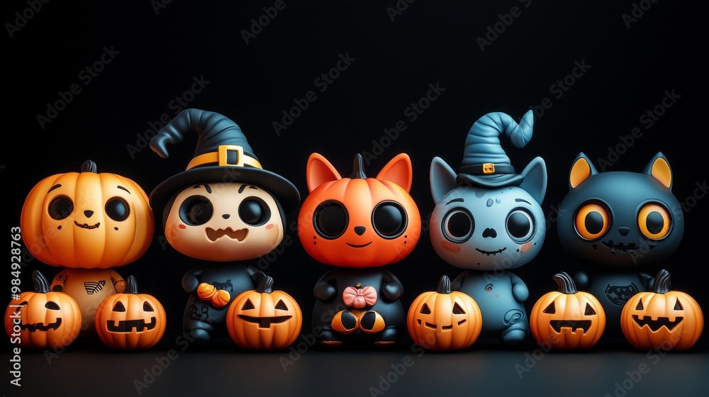 Obraz premium Cute Halloween Witch and Pumpkins - Festive Fall Decorations with Skulls and Leaves