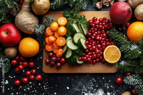 Christmas healthy eating concept with fresh organic fruits and vegetables on black background