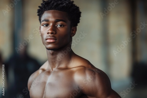 Muscular black man posing showing physique after workout