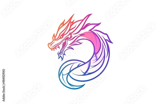 Rainbow Dragon Line Art Design, Mythical Creature Logo Concept