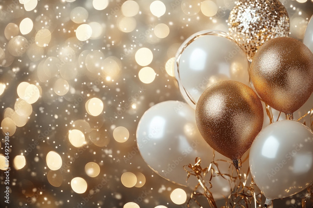 Gold and white balloons floating on a gold background with sparkles