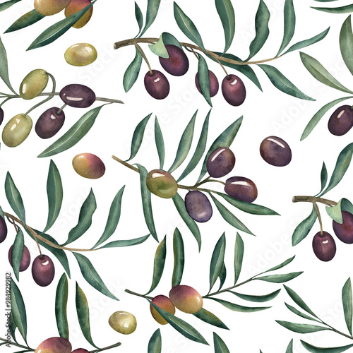 Seamless pattern with branches leaves fruits olive. Hand drawn watercolor illustration on white background in green purple pink shades in botanical style. For design fabrics textiles wallpapers