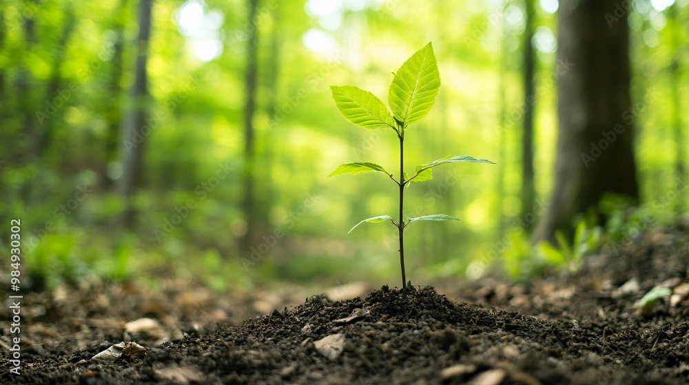 A Young Sapling Growing in a Lush Forest Setting A Young Sapling Growing in a Lush Forest Setting