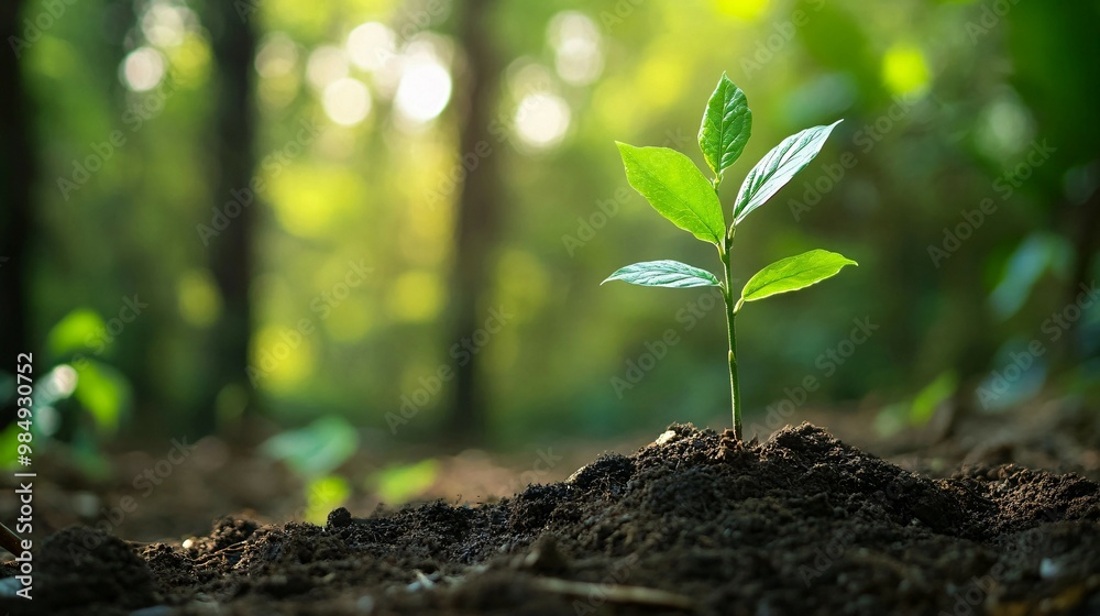 A Single Sapling Emerging from Rich Soil in a Forest A Single Sapling Emerging from Rich Soil in a Forest