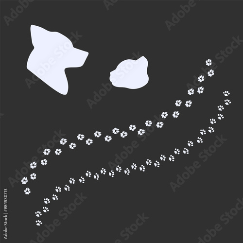 Silhouette of Dog and Cat Heads. Pet Paw Prints. Vector