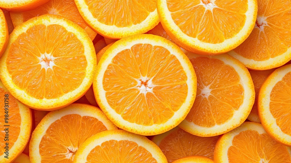 Full screen closeup of oranges cut into slices. Juicy refreshing citrus. Fruit background. Illustration for banner, poster, cover, brochure, advertising, marketing, etc. Full screen closeup of oranges cut into slices. Juicy refreshing citrus. Fruit background. Illustration for banner, poster, cover, brochure, advertising, marketing, etc.