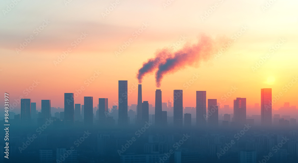 A haze-filled skyline at sunset, with smoke billowing from industrial stacks, highlighting the contrast between nature and urban pollution. A haze-filled skyline at sunset, with smoke billowing from industrial stacks, highlighting the contrast between nature and urban pollution.