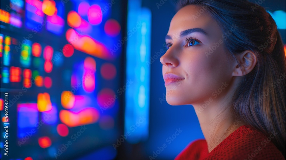 A woman gazes at a brightly lit computer screen. A woman gazes at a brightly lit computer screen.