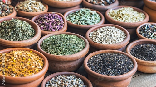 A variety of spices are displayed in wooden bowls on a counter. Abundance and variety of goods. Flavorful spices are on sale. Illustration for cover, brochure, advertising, etc.