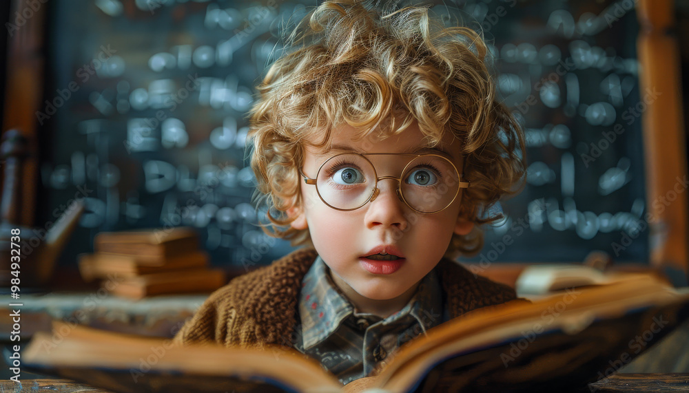 A young blonde boy with glasses is reading a book. A charming and detailed image of a young boy with round glasses, looking shocked as he reads from an open book. A young blonde boy with glasses is reading a book. A charming and detailed image of a young boy with round glasses, looking shocked as he reads from an open book.