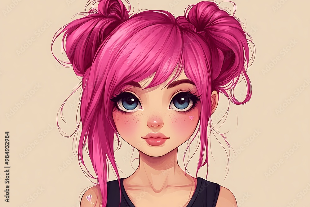 Cute Cartoon Girl with Pink Hair and Blue Eyes Cute Cartoon Girl with Pink Hair and Blue Eyes