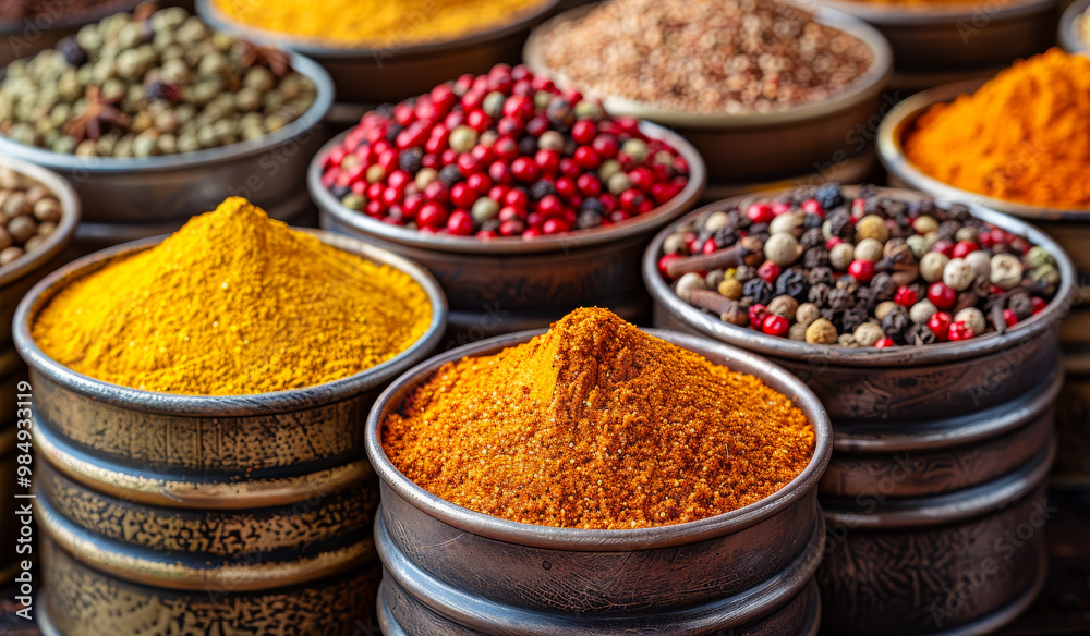 A variety of spices are displayed in a row of metal containers. The spices include cumin, paprika, and turmeric A variety of spices are displayed in a row of metal containers. The spices include cumin, paprika, and turmeric