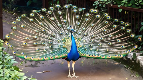 A peacock spreading its tail feathers in a garden, the iridescent colors glowing under the sunlight