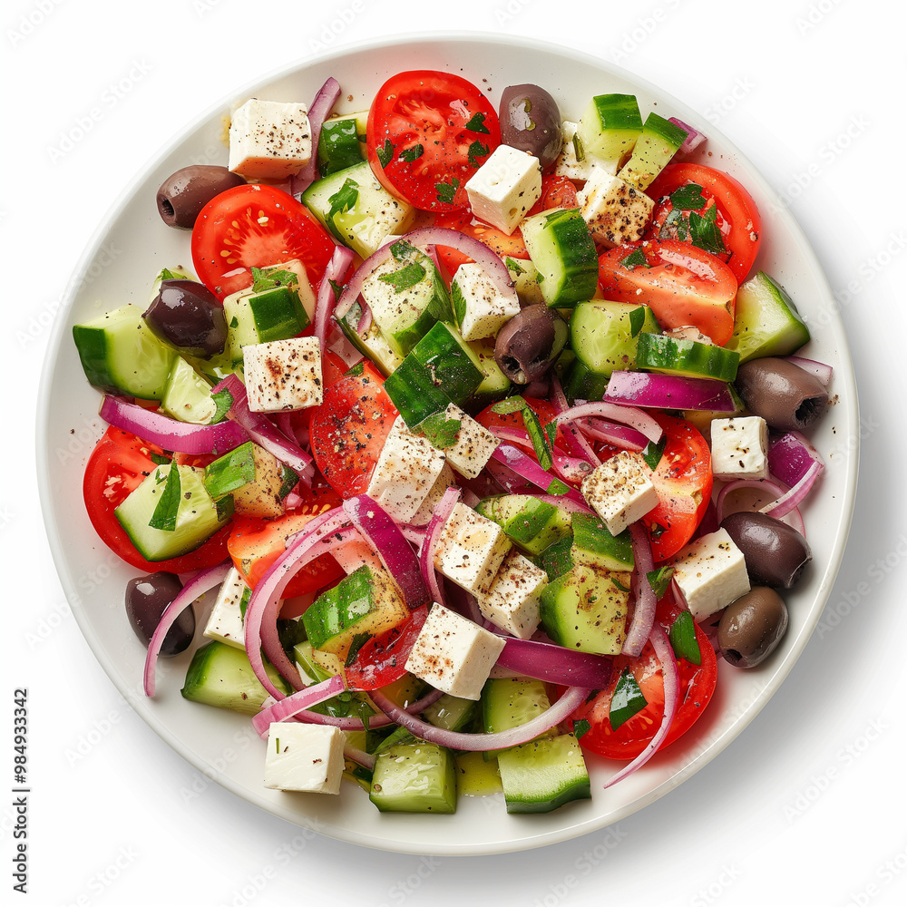 ultra-realistic uhd photo of Greek salad on a plate, vibrant mix of red tomatoes, green cucumbers, purple onions, black olives, and white feta cheese cubes, sprinkled with oregano