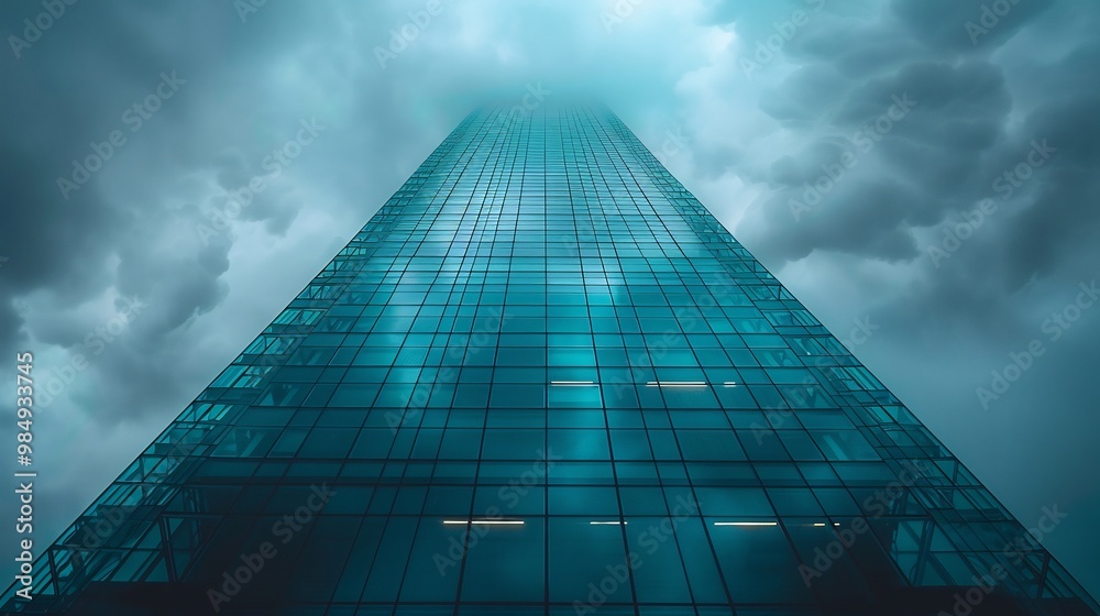 Sleek glass building against cloudy sky Sleek glass building against cloudy sky