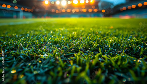 A field of green grass with a bright sun shining on it. The grass is wet and the sun is reflecting off of it